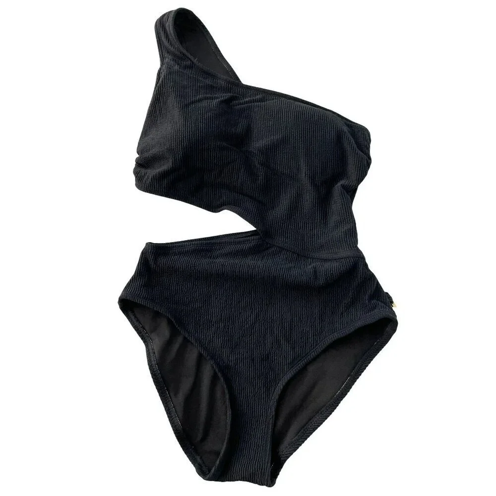 Michael Kors Black One-Shoulder Bathing Suit Ribbed Swimsuit Size 14 NWT